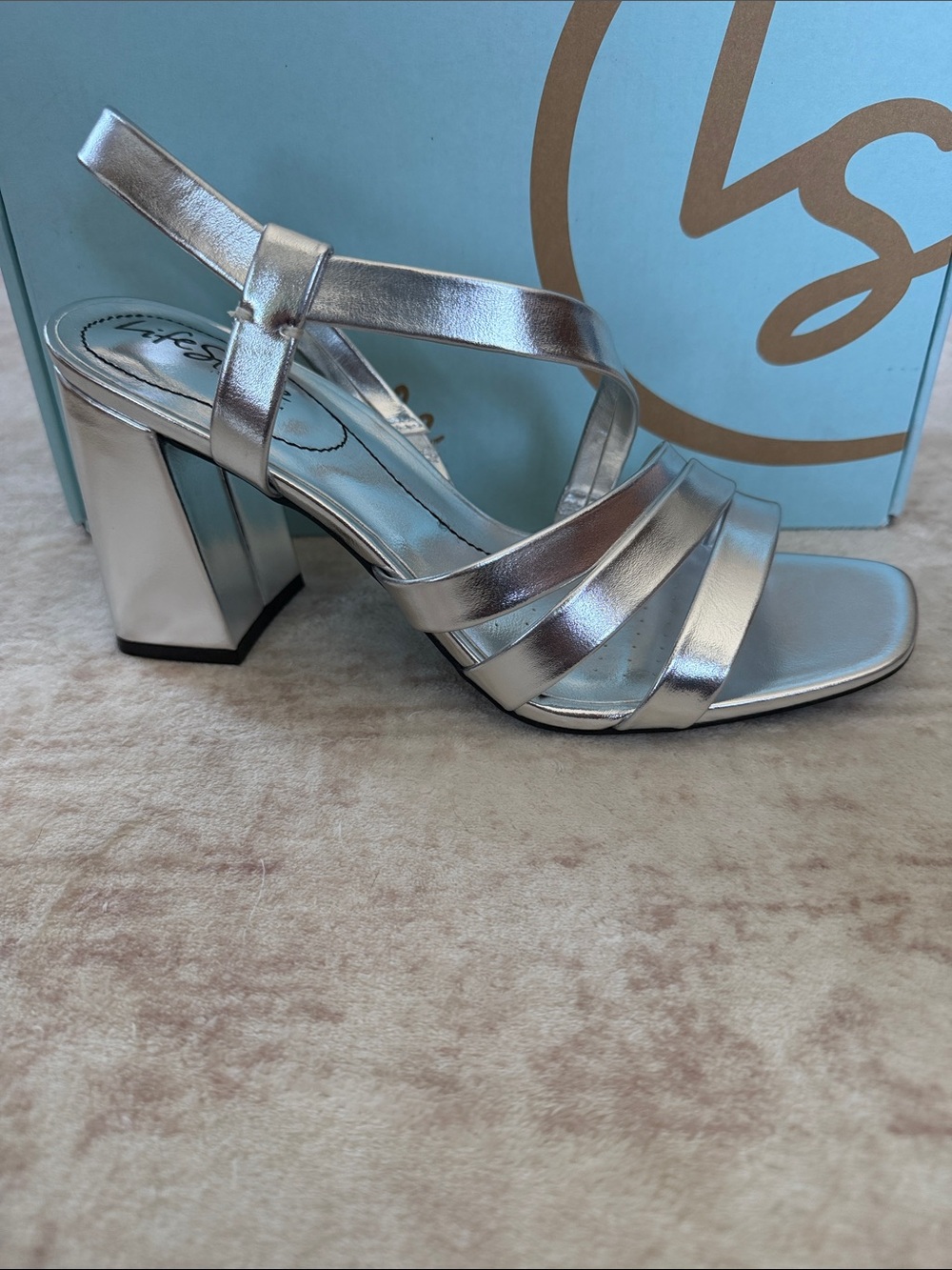 Life Stride Silver Metallic Strappy Block Heel Sandals 9W